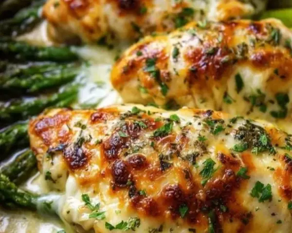 Baked chicken with asparagus on a plate, garnished and ready to serve