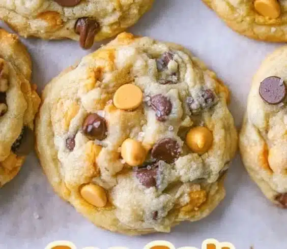 Freshly baked butterscotch chocolate chip cookies on a cooling rack