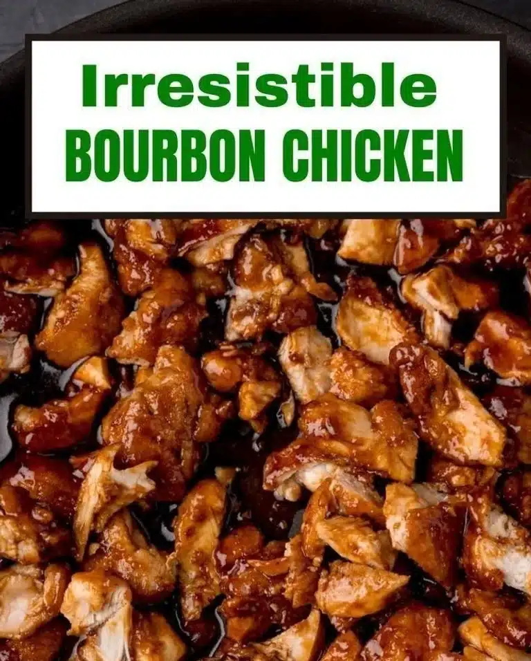 Delicious Bourbon Chicken served with rice and vegetables in a bowl.
