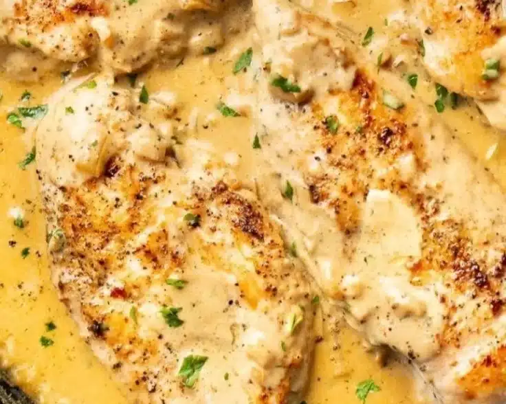 Creamy Boursin Chicken dish garnished with herbs and served on a plate