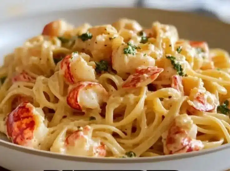 A plate of buttered lobster pasta featuring butter-poached lobster and garnishes.