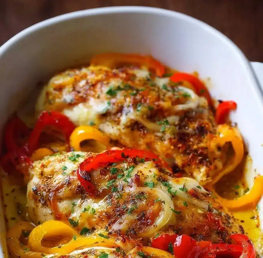 Cheesy baked chicken breast with colorful peppers on a plate