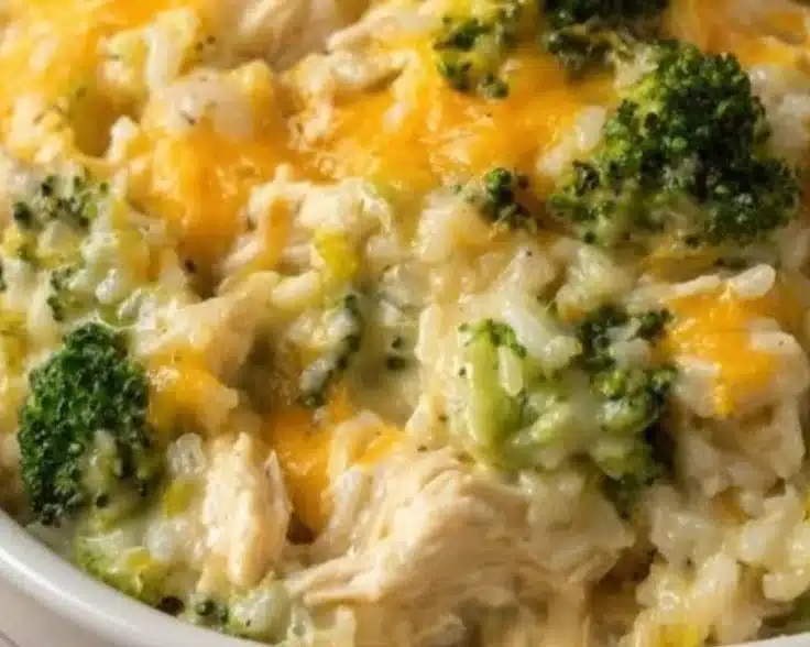 Cheesy chicken broccoli casserole served in a baking dish
