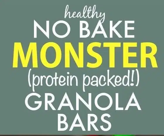 No bake monster cookie protein bars loaded with oats and chocolate chips.