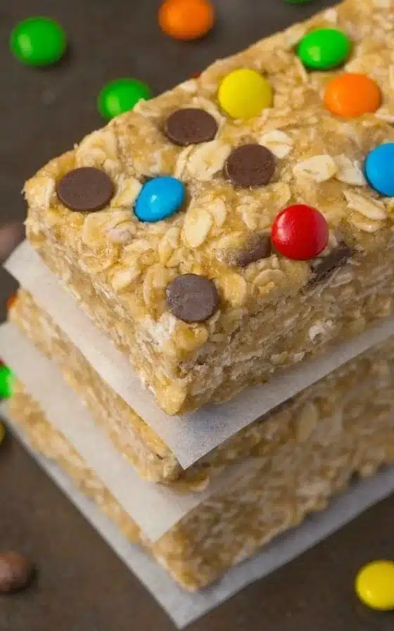 Chewy and Nutritious NO BAKE Monster Cookie Protein Bars | Easy Monster Bars Recipe, Easy Monster Cereal Bars, Kids No Bake Protein Bars