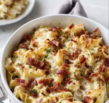 Delicious Chicken Bacon Ranch Casserole in a baking dish
