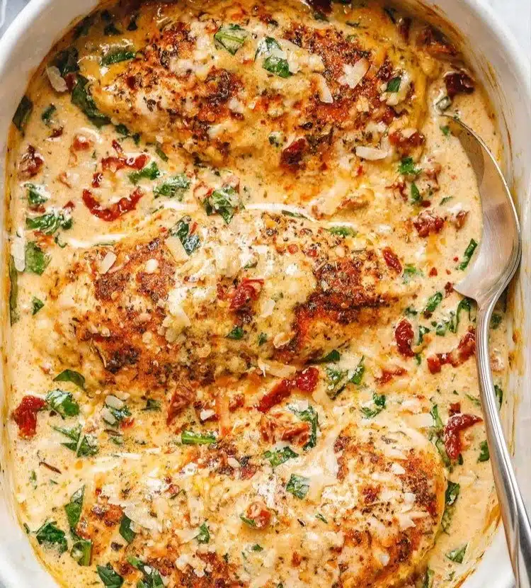 Baked chicken breast with herbs and spices served with vegetables