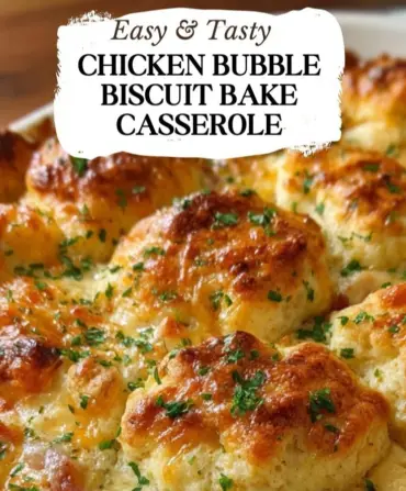 Delicious Chicken Biscuit Bake Casserole topped with golden biscuits