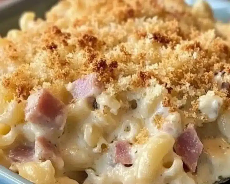 Chicken Cordon Bleu Casserole topped with breadcrumbs and melted cheese