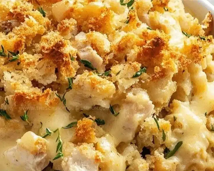 Chicken Stuffing Bake with creamy sauce and crispy topping