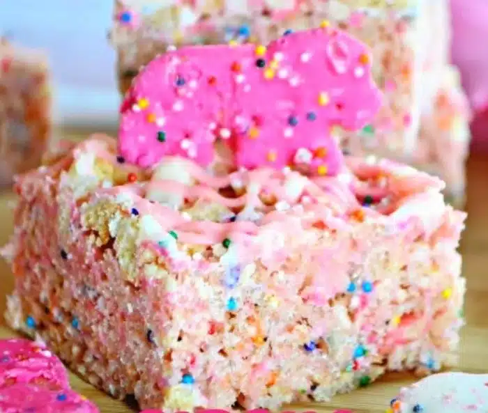 Colorful Circus Animal Rice Krispies Treats with sprinkles on display