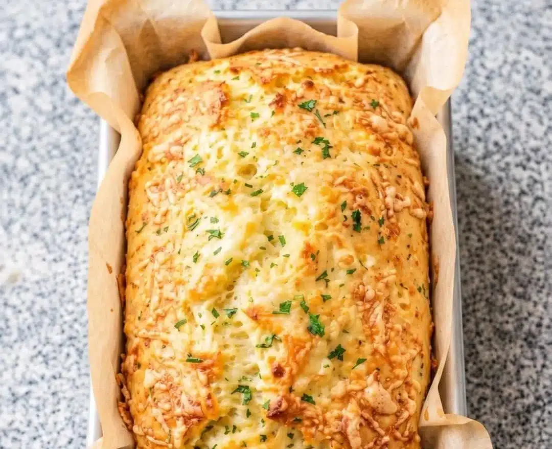 Loaf of homemade cottage cheese garlic parmesan bread with herbs