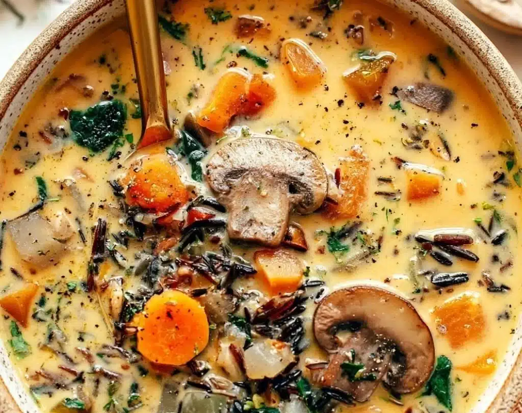 Bowl of cozy autumn wild rice soup with vegetables and herbs