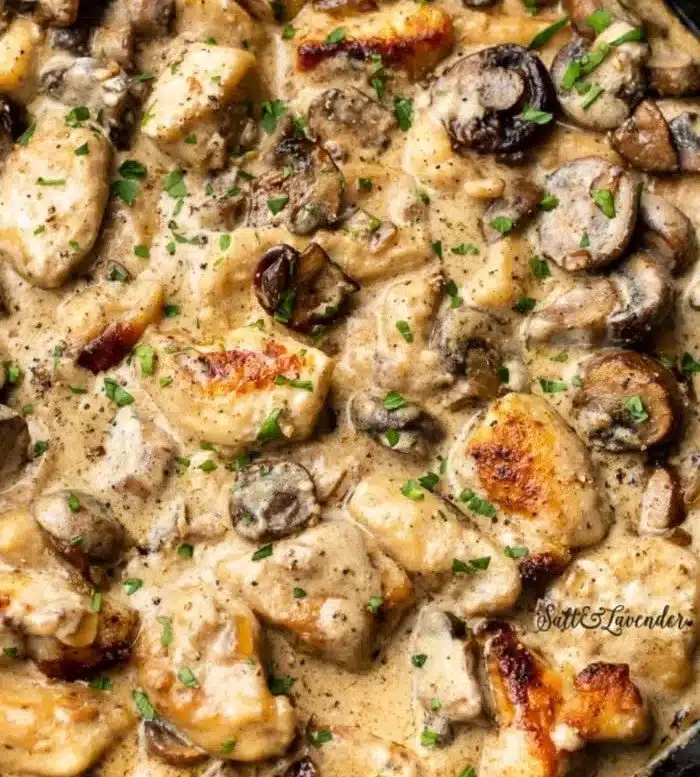 Delicious creamy Chicken Stroganoff served with pasta