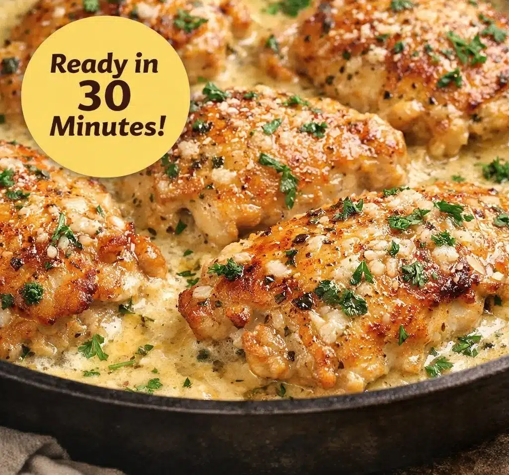 Creamy garlic chicken thighs in a skillet for an easy dinner