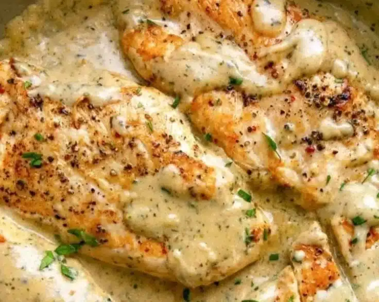 Creamy ranch chicken dinner with herbs and spices served on a plate.