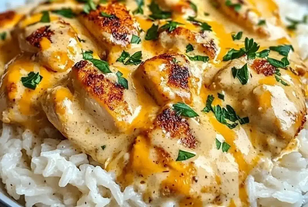 Creamy smothered chicken served over rice, garnished with herbs.