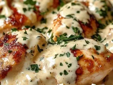 Creamy smothered chicken served over rice in a comforting dish