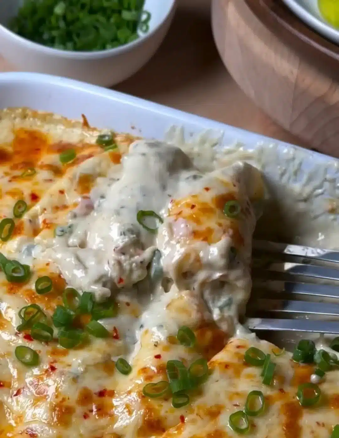 Creamy white chicken enchiladas topped with cheese and garnished with cilantro.