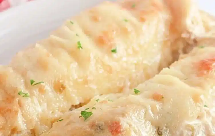 Creamy white chicken enchiladas prepared with rotisserie chicken