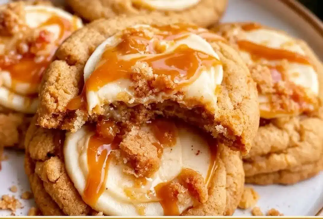 Delicious Crumbl Caramel Apple Cookies with caramel drizzle and apple chunks