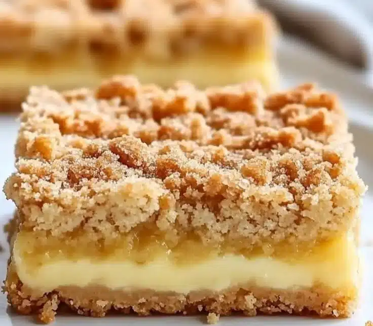 Delicious lemon crumb bars with a buttery crumb topping on a plate