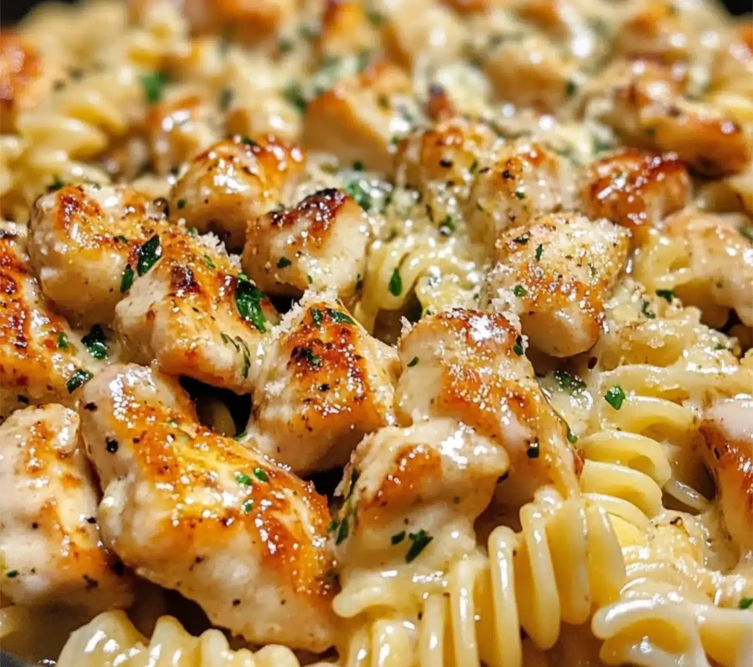 Twisted pasta dish with honey garlic chicken served on a plate