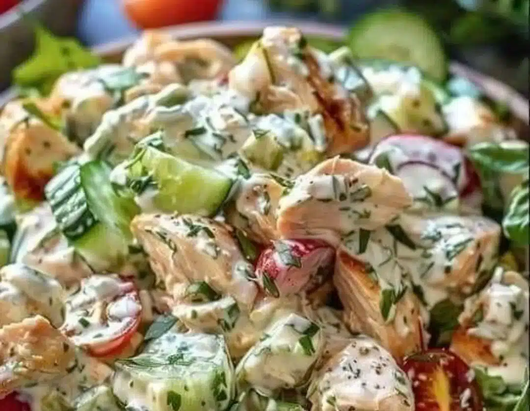 Delicious Tzatziki Chicken Salad served in a bowl with fresh vegetables