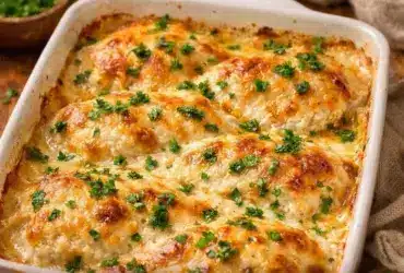 Delicious baked creamy cheese chicken served with crescent rolls and fresh herbs