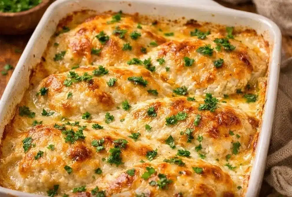 Delicious baked creamy cheese chicken served with crescent rolls and fresh herbs