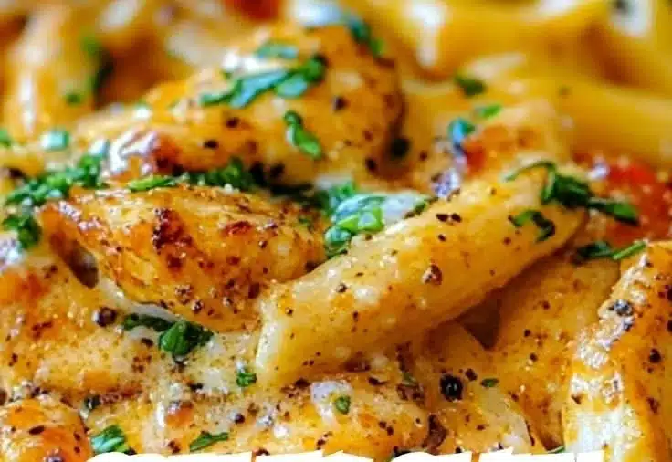 Plate of Easy Creamy Cajun Chicken Pasta with vibrant colors and herbs.