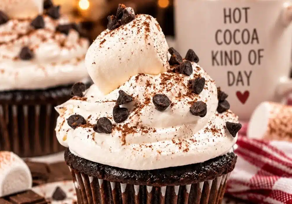 Delicious hot cocoa cupcakes topped with marshmallows for a cozy winter treat
