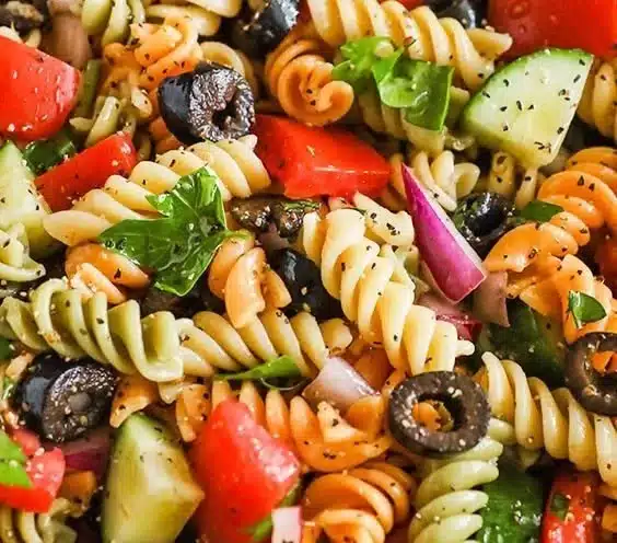 Delicious Italian Pasta Salad served in a bowl with fresh vegetables and dressing