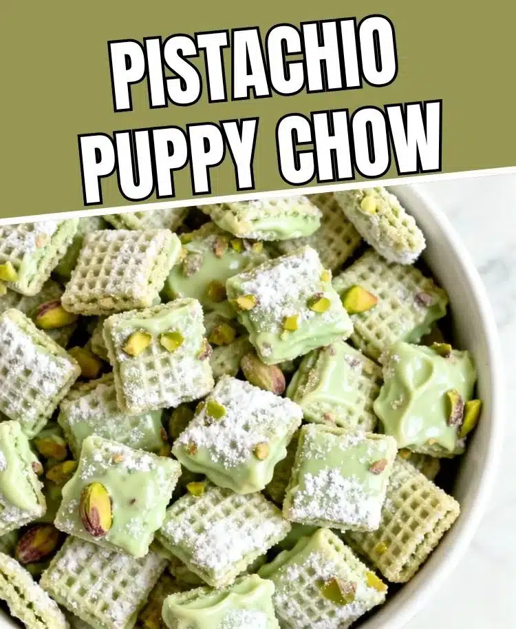 Easy pistachio puppy chow made with pistachio pudding and coated in chocolate.