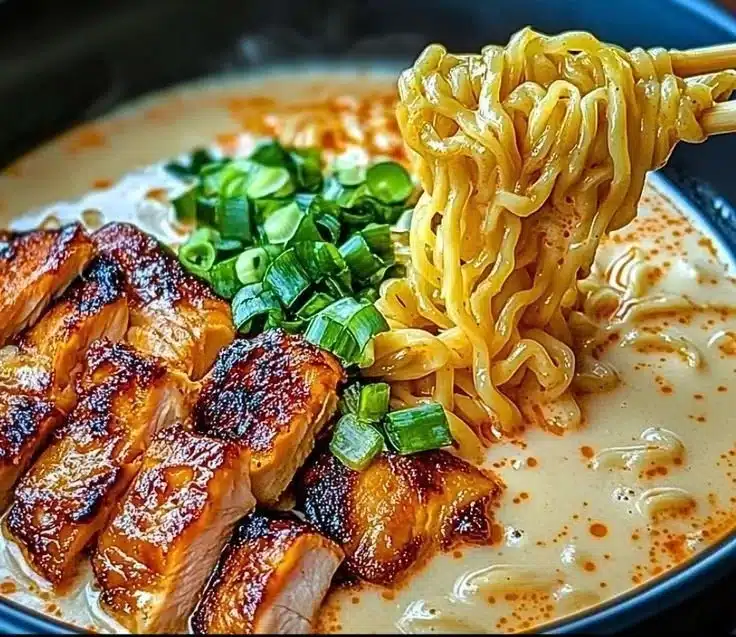 Fiery chicken ramen in creamy garlic sauce served in a bowl