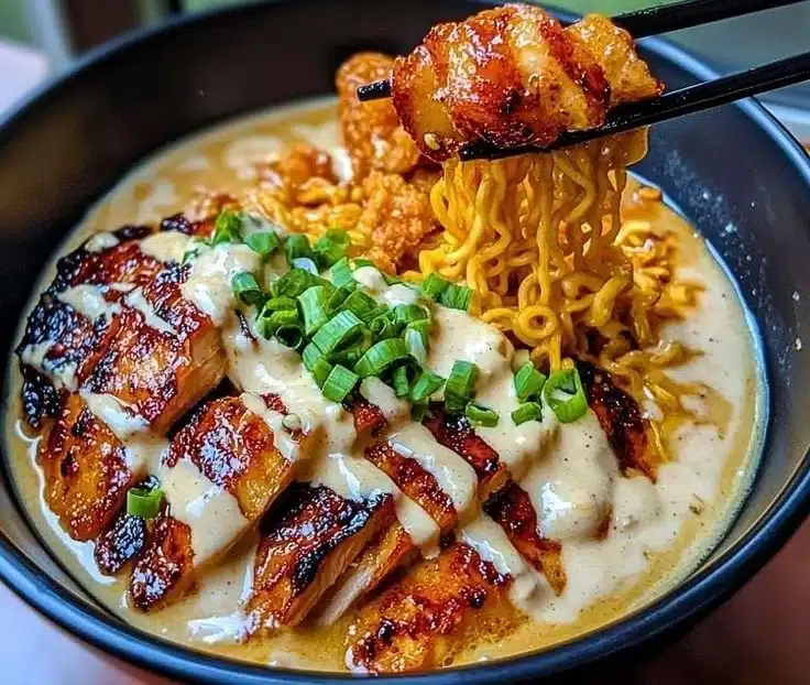 Fiery Chicken Ramen with Creamy Garlic Sauce