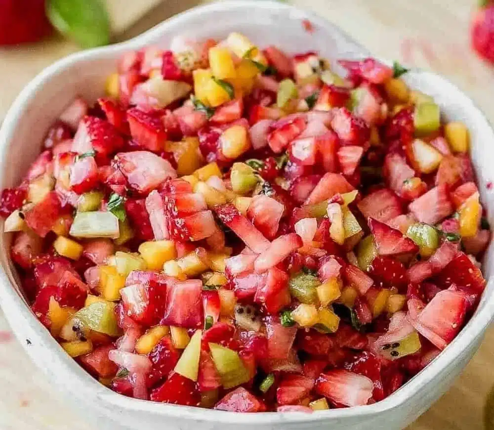 Bowl of colorful fruit salsa served with crispy homemade cinnamon chips