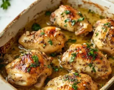 Juicy garlic butter baked chicken on a white plate with herbs.