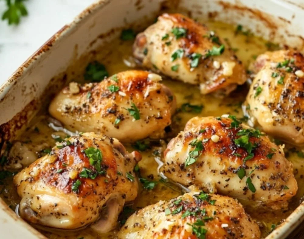 Juicy garlic butter baked chicken on a white plate with herbs.