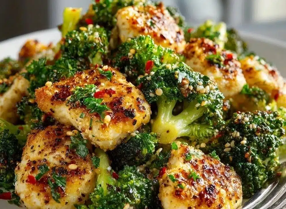 Plate of garlic butter chicken with broccoli and mixed frozen vegetables