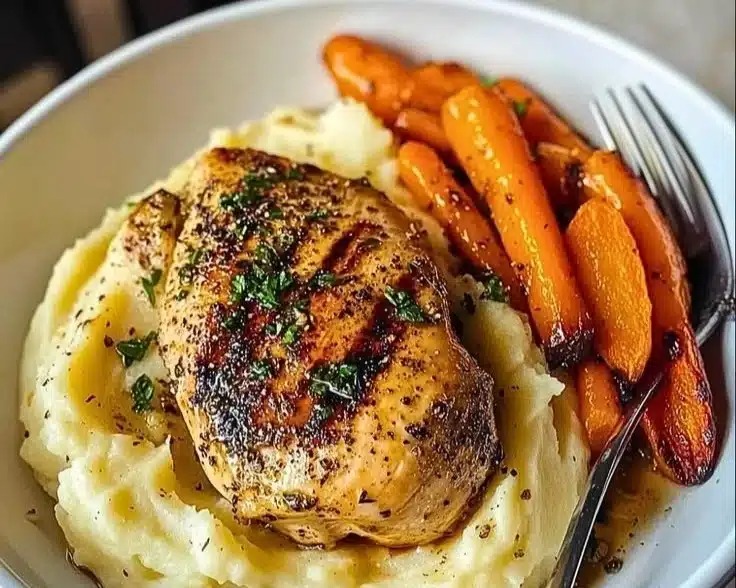 Garlic Herb Chicken served with creamy mashed potatoes and roasted carrots