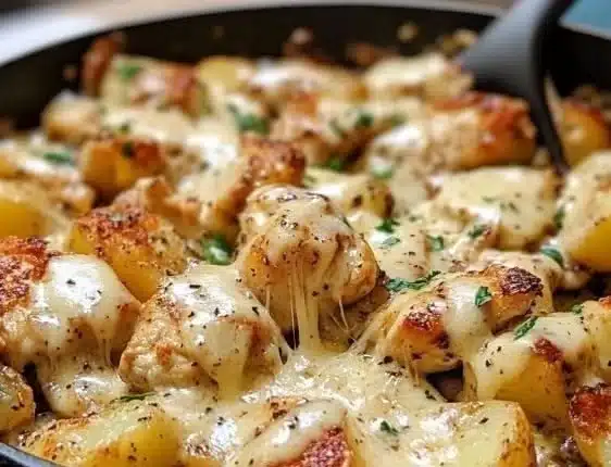 Garlic Parmesan Chicken and Potatoes Skillet ready to serve