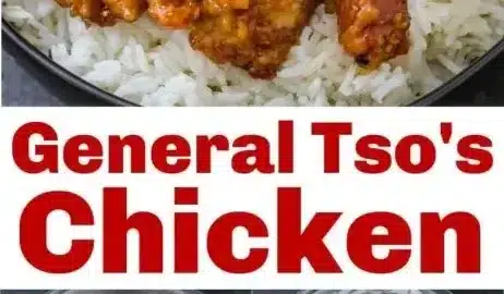 Delicious plate of General Tso's Chicken served with broccoli and rice