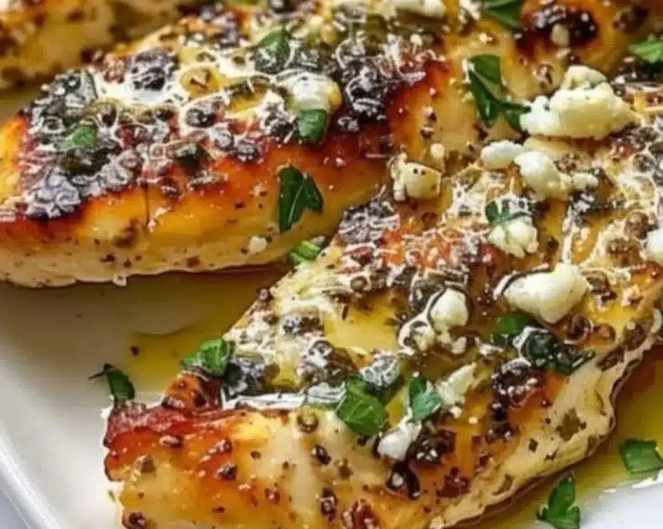 Delicious Greek chicken with lemon and feta on a plate