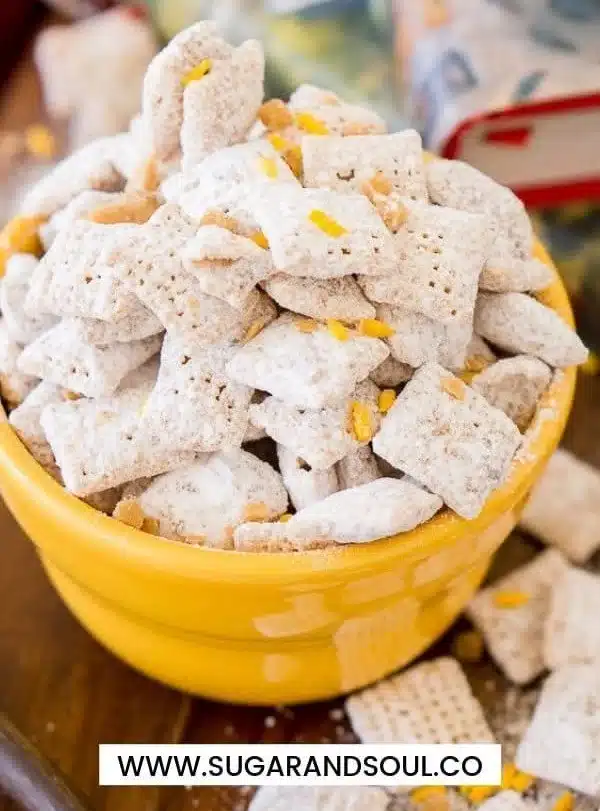 A bowl of Harry Potter Butterbeer Muddy Buddies snack mix with sweet caramel and chocolate