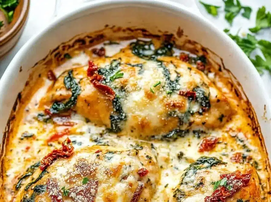 Healthy casserole dish baked with colorful vegetables and chicken, perfect for dinner.