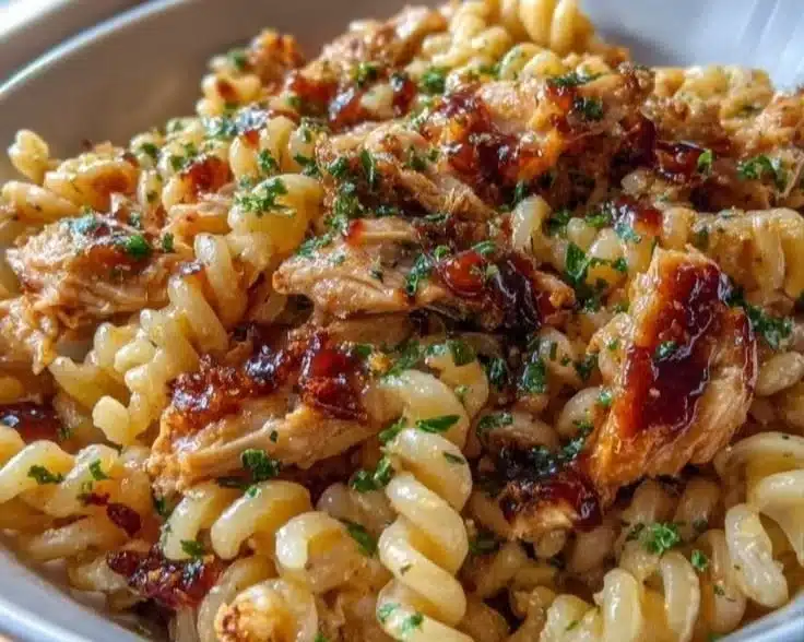 High Protein BBQ Chicken Pasta Salad served in a bowl with grilled chicken and fresh vegetables.