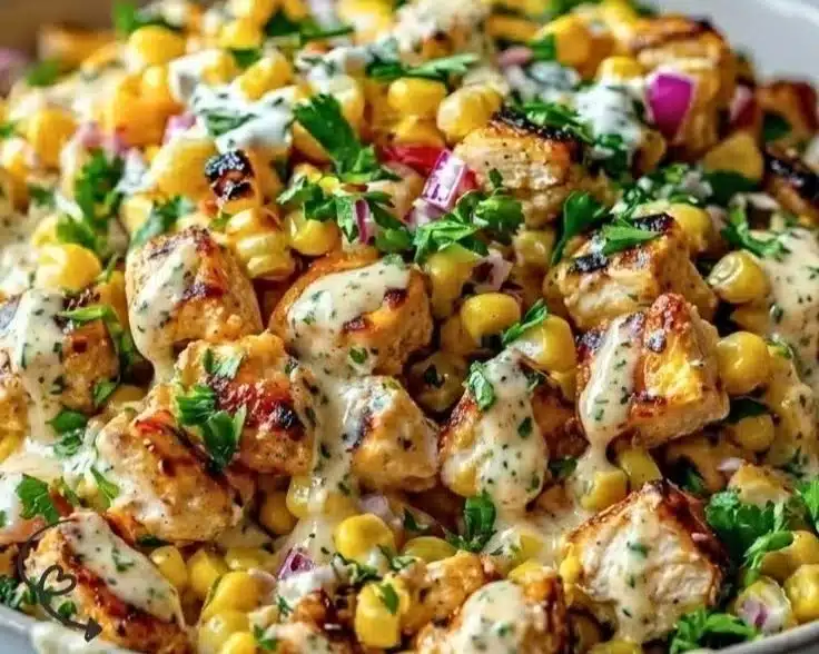 High Protein Chicken Street Corn Salad with fresh ingredients and vibrant colors.