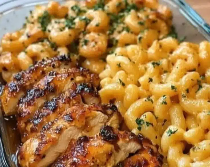 High-protein honey garlic butter chicken served with mac and cheese