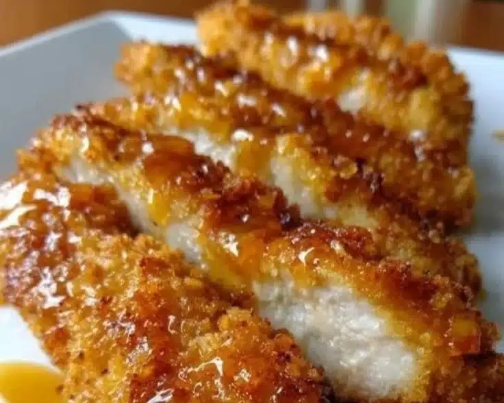 Crispy Honey Butter Garlic Chicken Tenders served with dipping sauce